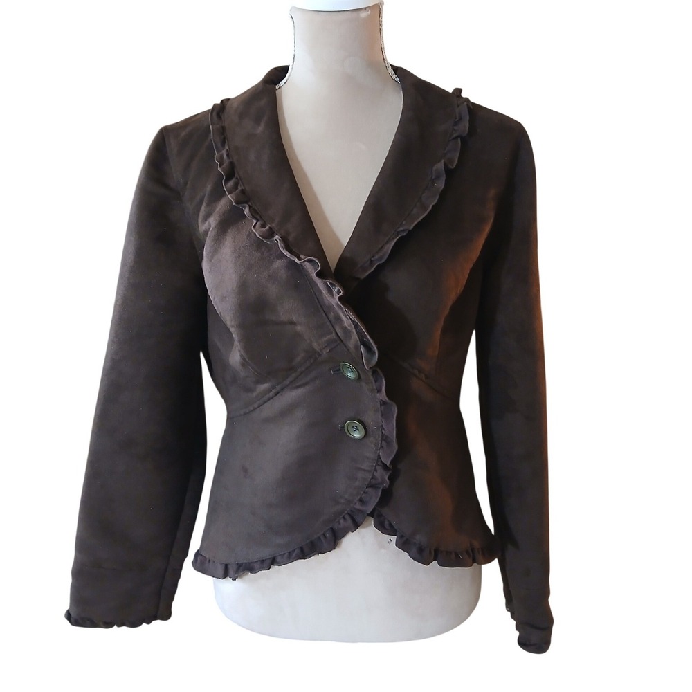 Vtg Faded Glory Medium Brown Faux Suede Ruffle Jacket Womens Medium Blazer Y2k